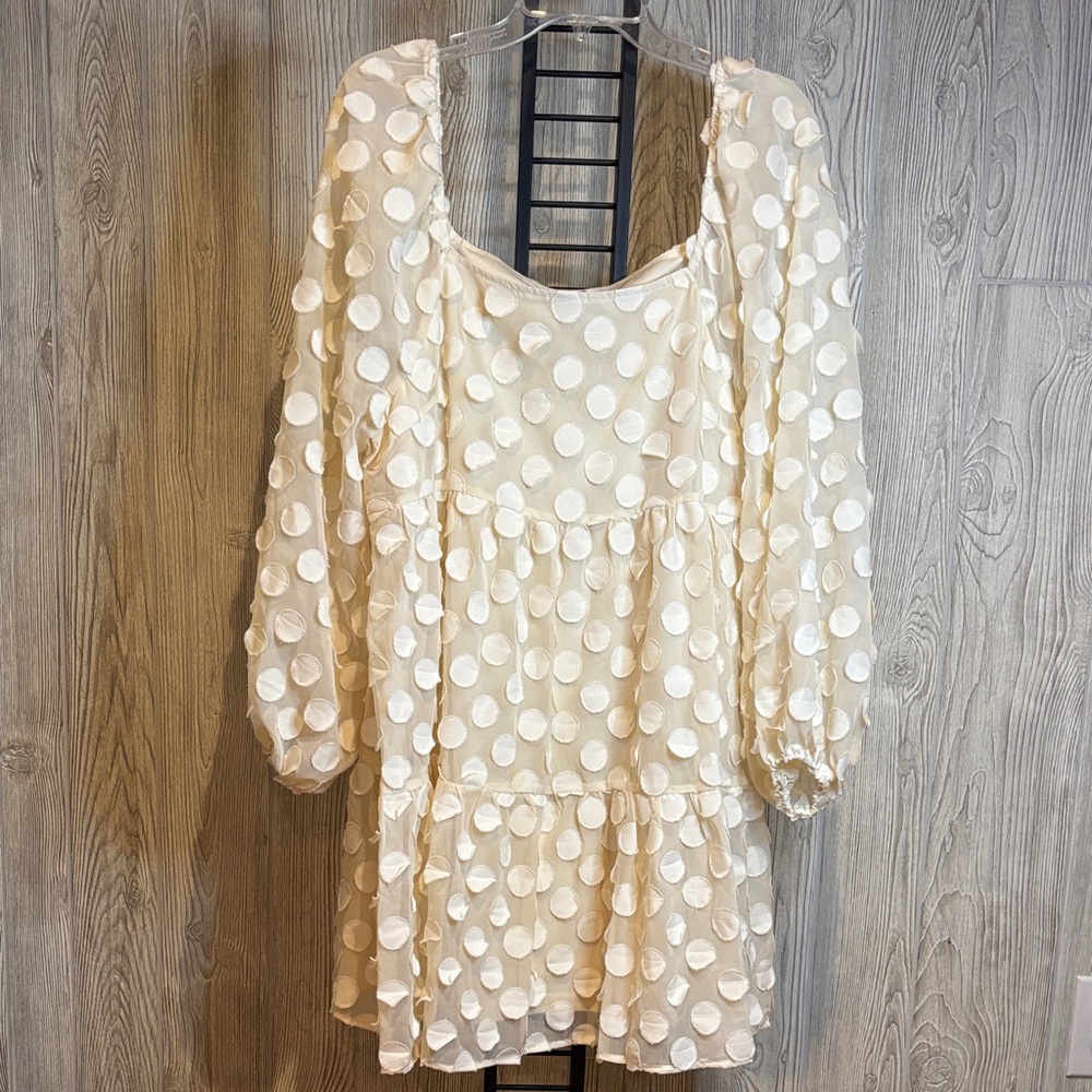 Perfectly Priscilla Boho Tiered Babydoll Cream Polka Dot Dress Size XL